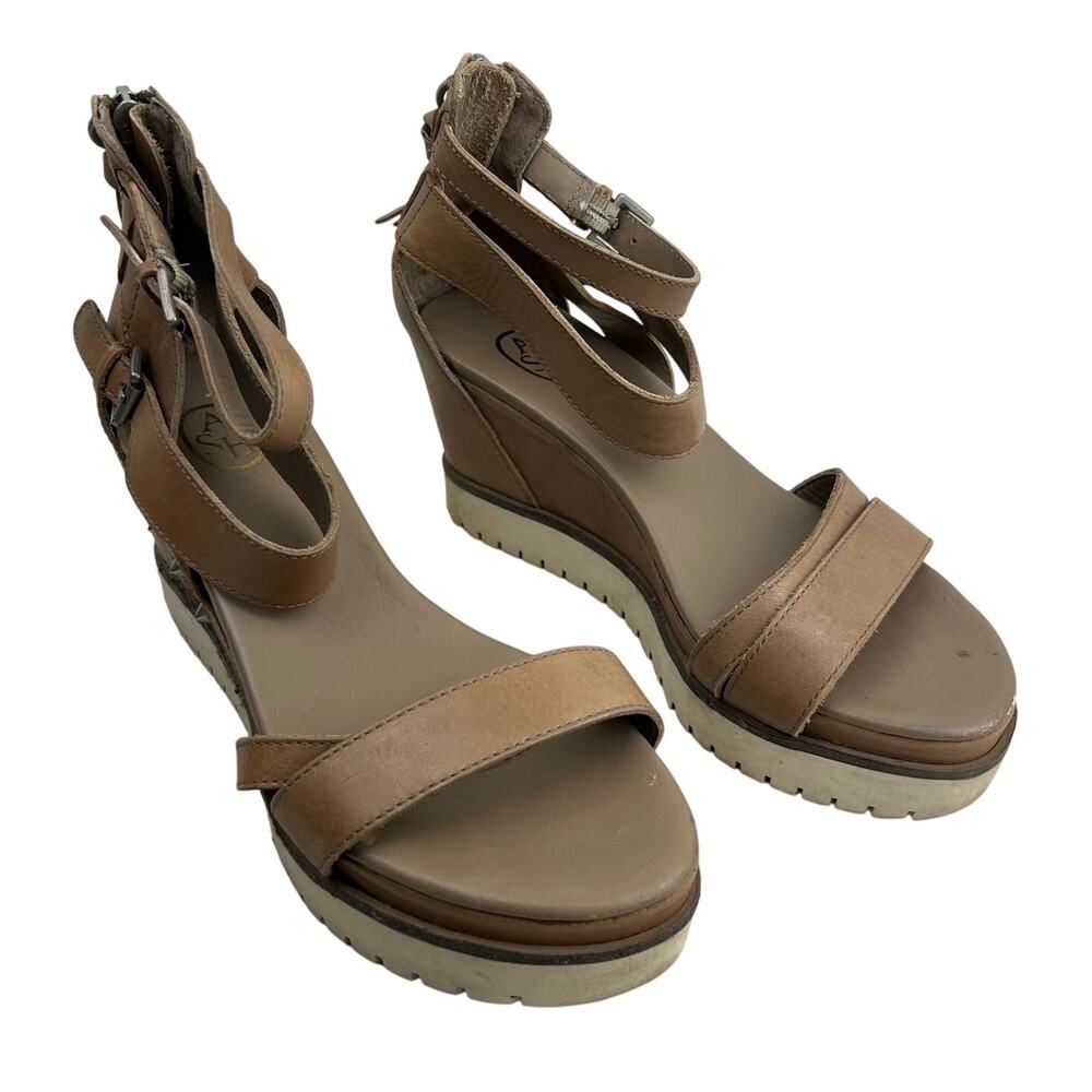 ASH Penelope Women's Studded Leather Wedge Sandals Tan Heel Zip  EU 37 / US 6.5